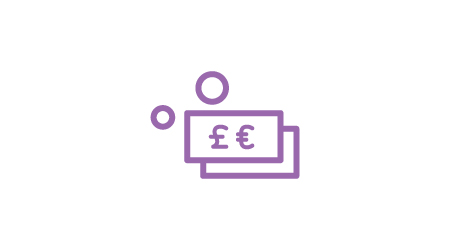 Several purple cash notes icons, used to represent finance.